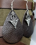 Dark Brown Real Leather Earrings with Circle and Triangle Charms