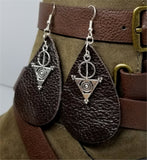 Dark Brown Real Leather Earrings with Circle and Triangle Charms