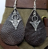 Dark Brown Real Leather Earrings with Circle and Triangle Charms