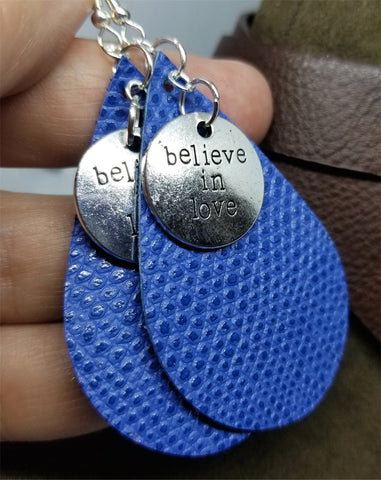 Blue Scale Real Leather Earrings with Believe In Love Charms