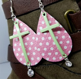 Pink with White Polka Dots Real Leather Earrings with a Pastel Green Cross and Crystal Charm Dangles