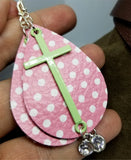 Pink with White Polka Dots Real Leather Earrings with a Pastel Green Cross and Crystal Charm Dangles