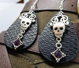 Patterned Faux Leather Teardrop Shaped Earrings with a Skull and Clef Note Charm and Crystal Charms