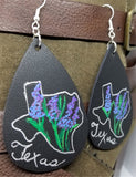 Hand Painted Texas Theme on Black Real Leather Teardrop Earrings