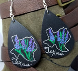 Hand Painted Texas Theme on Black Real Leather Teardrop Earrings