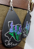 Hand Painted Texas Theme on Black Real Leather Teardrop Earrings