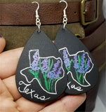 Hand Painted Texas Theme on Black Real Leather Teardrop Earrings