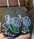 Hand Painted Texas Theme on Black Real Leather Teardrop Earrings