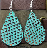 Turquoise Colored Tear Drop Shaped Real Leather Earrings with Metallic Gold Diamond Shapes