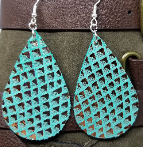 Turquoise Colored Tear Drop Shaped Real Leather Earrings with Metallic Gold Diamond Shapes