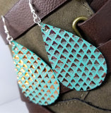 Turquoise Colored Tear Drop Shaped Real Leather Earrings with Metallic Gold Diamond Shapes