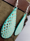 Turquoise Colored Tear Drop Shaped Real Leather Earrings with Metallic Gold Diamond Shapes