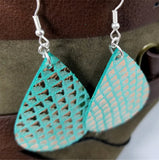 Turquoise Colored Tear Drop Shaped Real Leather Earrings with Metallic Gold Diamond Shapes