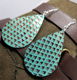 Turquoise Colored Tear Drop Shaped Real Leather Earrings with Metallic Gold Diamond Shapes