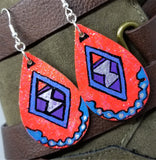 Hand Painted Southwestern or Aztec Design on Real Leather Teardrop Earrings