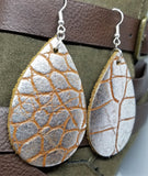 Large Silver and Brown Crocodile Skin Patterned Teardrop Shaped Thick Real Leather Earrings