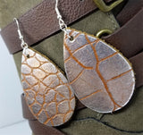 Large Silver and Brown Crocodile Skin Patterned Teardrop Shaped Thick Real Leather Earrings