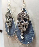 Denim Finish Tear Drop Shaped Real Leather Earrings with Skull and Star Charms