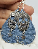 Denim Finish Tear Drop Shaped Real Leather Earrings with Skull and Star Charms
