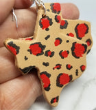 Texas Shaped Hand Painted Red and Black Leopard Print Real Leather Earrings