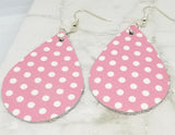 CLEARANCE Pink with White Polka Dots Teardrop Shaped Leather Earrings