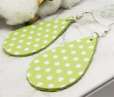 Pastel Green with White Polka Dots Teardrop Shaped Leather Earrings