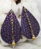 Purple and Black Textured Teardrop Shaped Leather Earrings with Crystal Bar Dangle