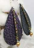 Purple and Black Textured Teardrop Shaped Leather Earrings with Crystal Bar Dangle