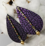 Purple and Black Textured Teardrop Shaped Leather Earrings with Crystal Bar Dangle
