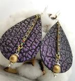 Purple and Black Textured Teardrop Shaped Leather Earrings with Crystal Bar Dangle