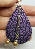 Purple and Black Textured Teardrop Shaped Leather Earrings with Crystal Bar Dangle