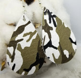 Soft Real Leather Green and White Camouflage Teardrop Earrings