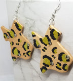 Texas Shaped Hand Painted Gold and Black Leopard Print Real Leather Earrings with Rhinestone Accents
