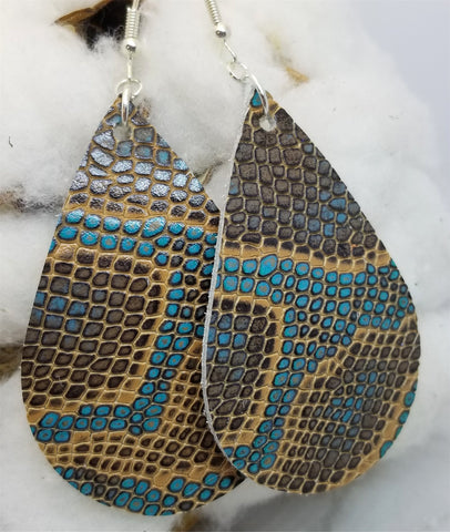 Brown and Turquoise Snakeskin Teardrop Shaped Real Leather Earrings