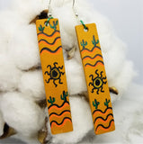 Hand Painted Southwestern Theme on Brown Real Leather Strip Earrings