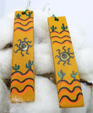 Hand Painted Southwestern Theme on Brown Real Leather Strip Earrings