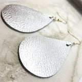 Metallic Silver Teardrop Shaped Real Leather Earrings