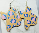 Texas Shaped Hand Painted Pink and Blue Leopard Print Real Leather Earrings