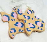 Texas Shaped Hand Painted Pink and Blue Leopard Print Real Leather Earrings