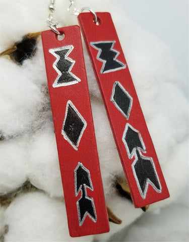 Hand Painted Tribal Theme on Red Real Leather Bar Earrings
