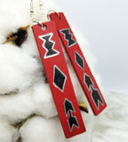 Hand Painted Tribal Theme on Red Real Leather Bar Earrings