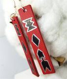 Hand Painted Tribal Theme on Red Real Leather Bar Earrings