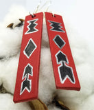 Hand Painted Tribal Theme on Red Real Leather Bar Earrings