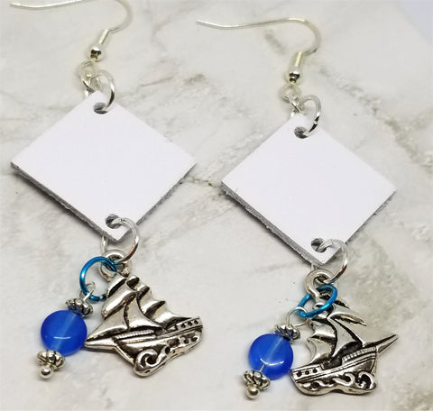 White Diamond Shaped Leather Earrings with Sailboat Charms and Glass Beads