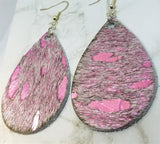 Metallic Pink and White Hair on Hide Leather Tear Drop Earrings