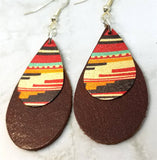 Brown Tear Drop Shaped Real Leather Earrings with Metal Southwestern Themed Charm Overlay