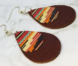 Brown Tear Drop Shaped Real Leather Earrings with Metal Southwestern Themed Charm Overlay