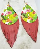 Cactus Faux Leather with Fringed Real Leather Earrings