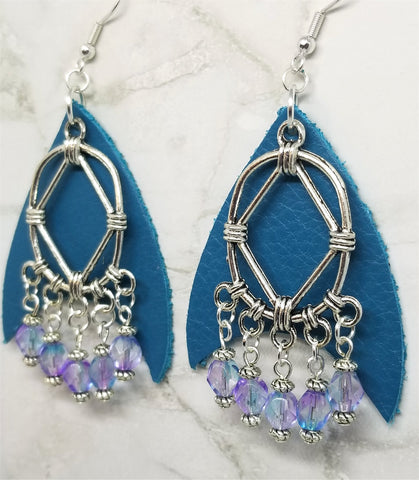 Teal REAL Leather Earrings with Silver Chandelier and Czech Glass Bead Dangles