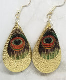 Metallic Gold Tear Drop Shaped Real Leather Earrings with Metal Peacock Feather Charm Overlay